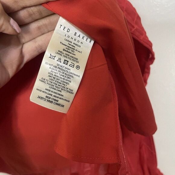 TED BAKER red orange ruffle collar pinstripe peasant blouse top size 0 X-small - Picture 6 of 6